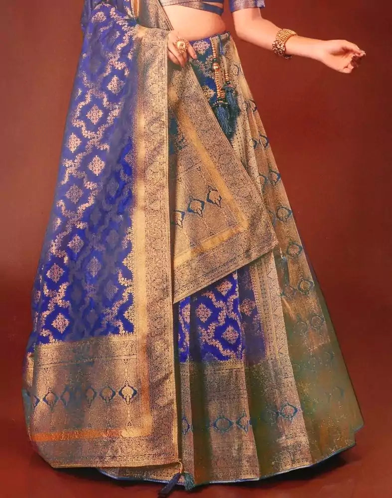 Image of Traditional Navy Blue Floral Pattern Zari Banaras Fancy lehenga set