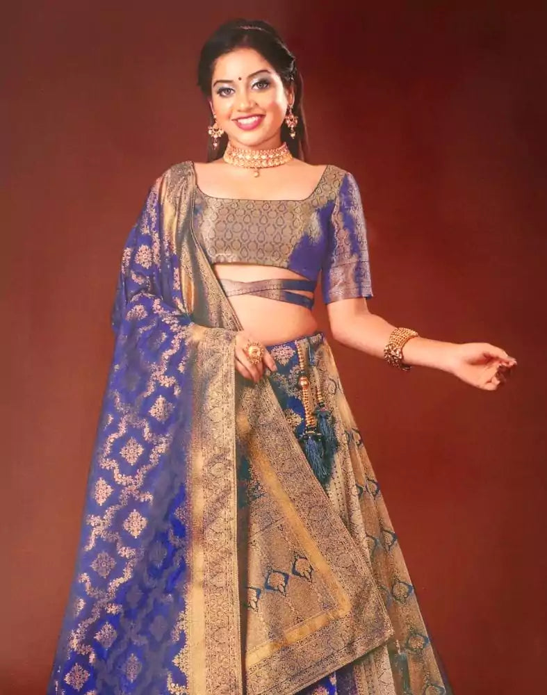 Image of Traditional Navy Blue Floral Pattern Zari Banaras Fancy lehenga set