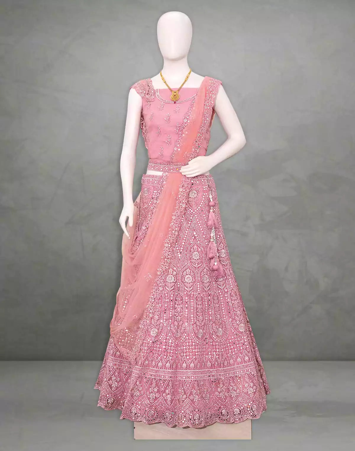 Image of Designer party wear Light Pink all over Mirror work fully flared Netted Half Saree with Belt