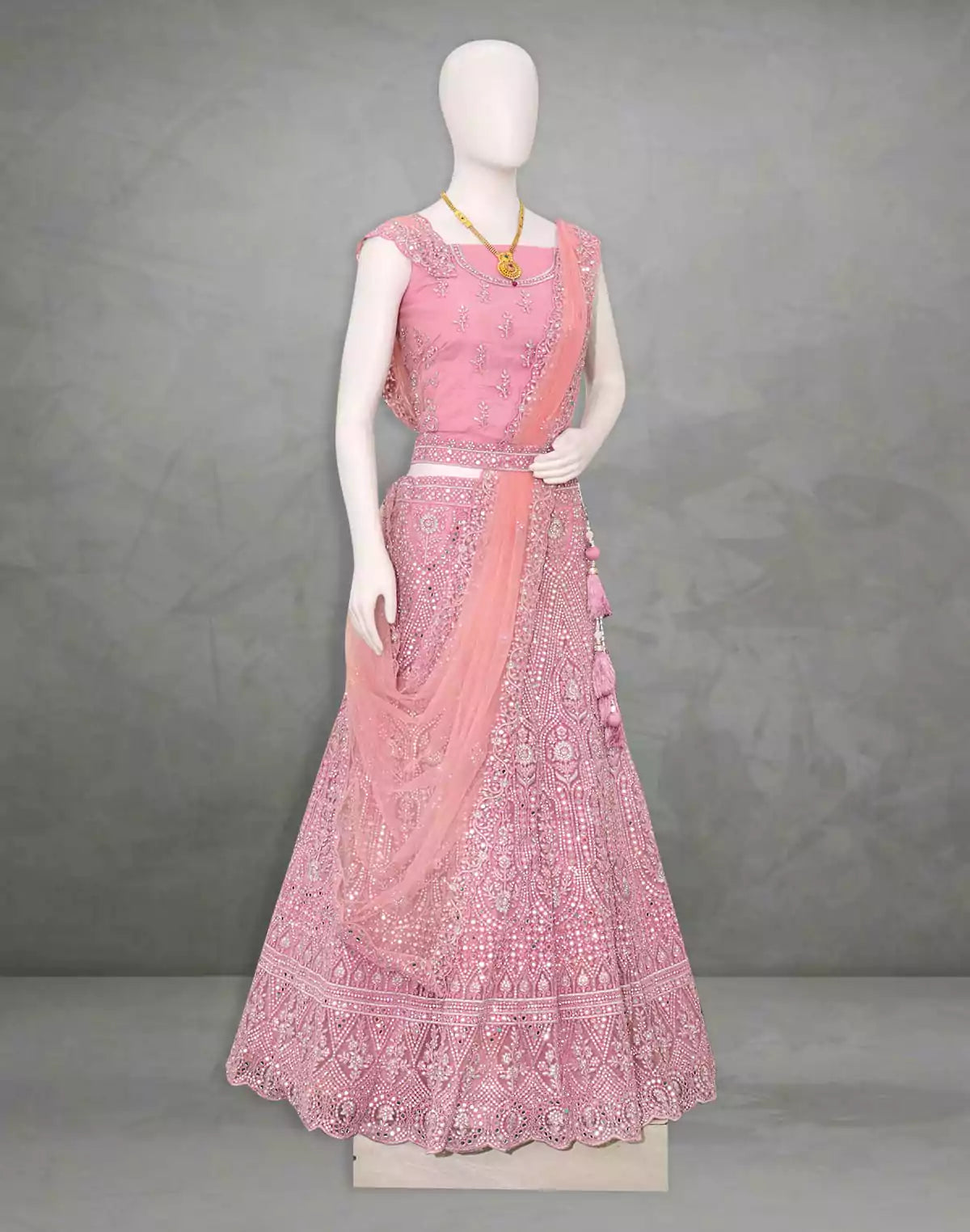 Image of Designer party wear Light Pink all over Mirror work fully flared Netted Half Saree with Belt