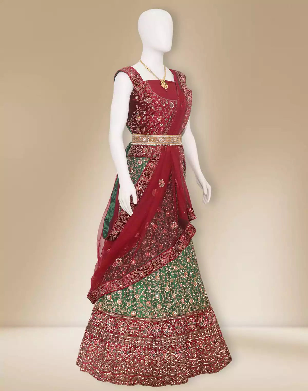 Green Netted Half Saree with Maroon Velvet Stone Border South India Shopping Mall Green Netted Half Saree with Maroon Velvet Stone Border South India Shopping Mall