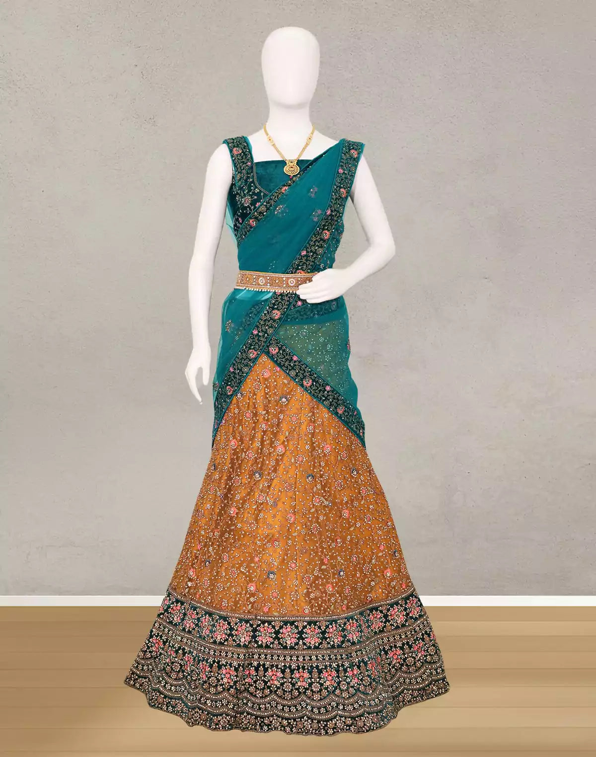 Image of Mustard Netted Half Saree with Contrast Green Colour Velvet Border and Velvet Green Blouse