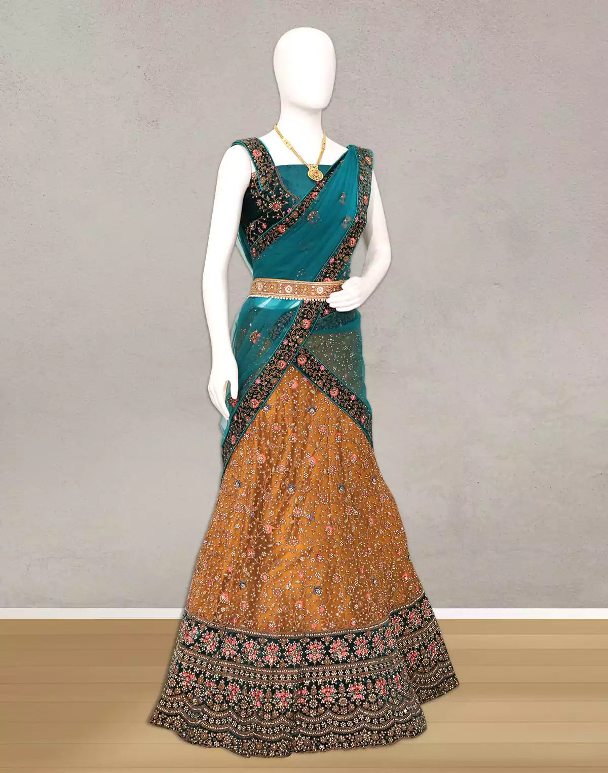 Image of Mustard Netted Half Saree with Contrast Green Colour Velvet Border and Velvet Green Blouse