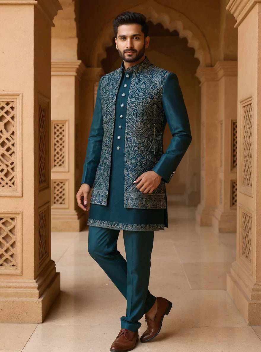 Image of Heavy Embroidery with Zari work Rama Coloured Indo - Open Jacket - South India Shopping Mall