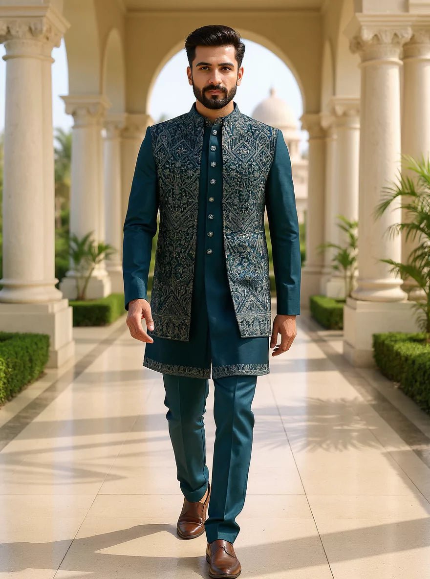 Image of Heavy Embroidery with Zari work Rama Coloured Indo - Open Jacket - South India Shopping Mall