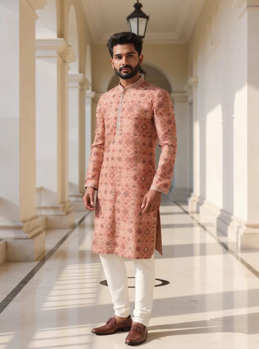 Image of Ikat Print Onion Coloured Milky Silk Kurta Pyjama for Men - South India Shopping Mall