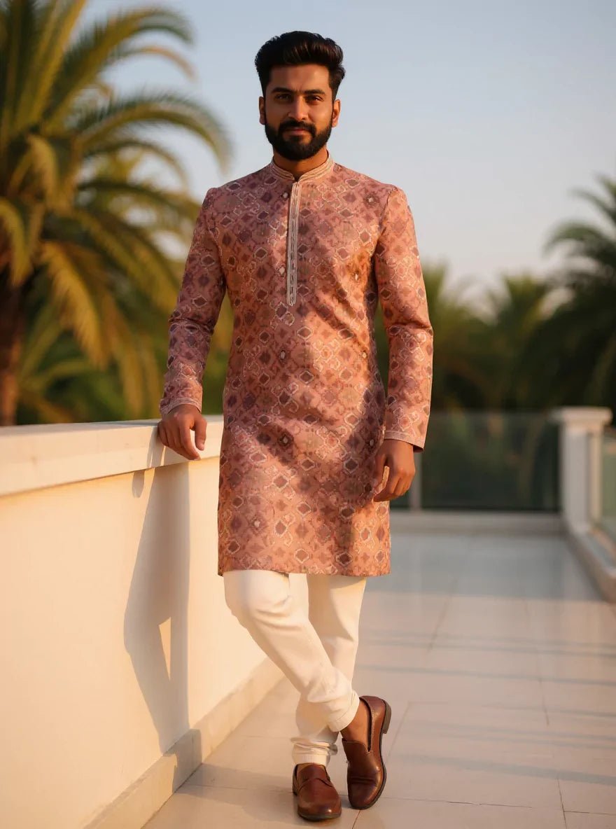 Image of Ikat Print Onion Coloured Milky Silk Kurta Pyjama for Men - South India Shopping Mall
