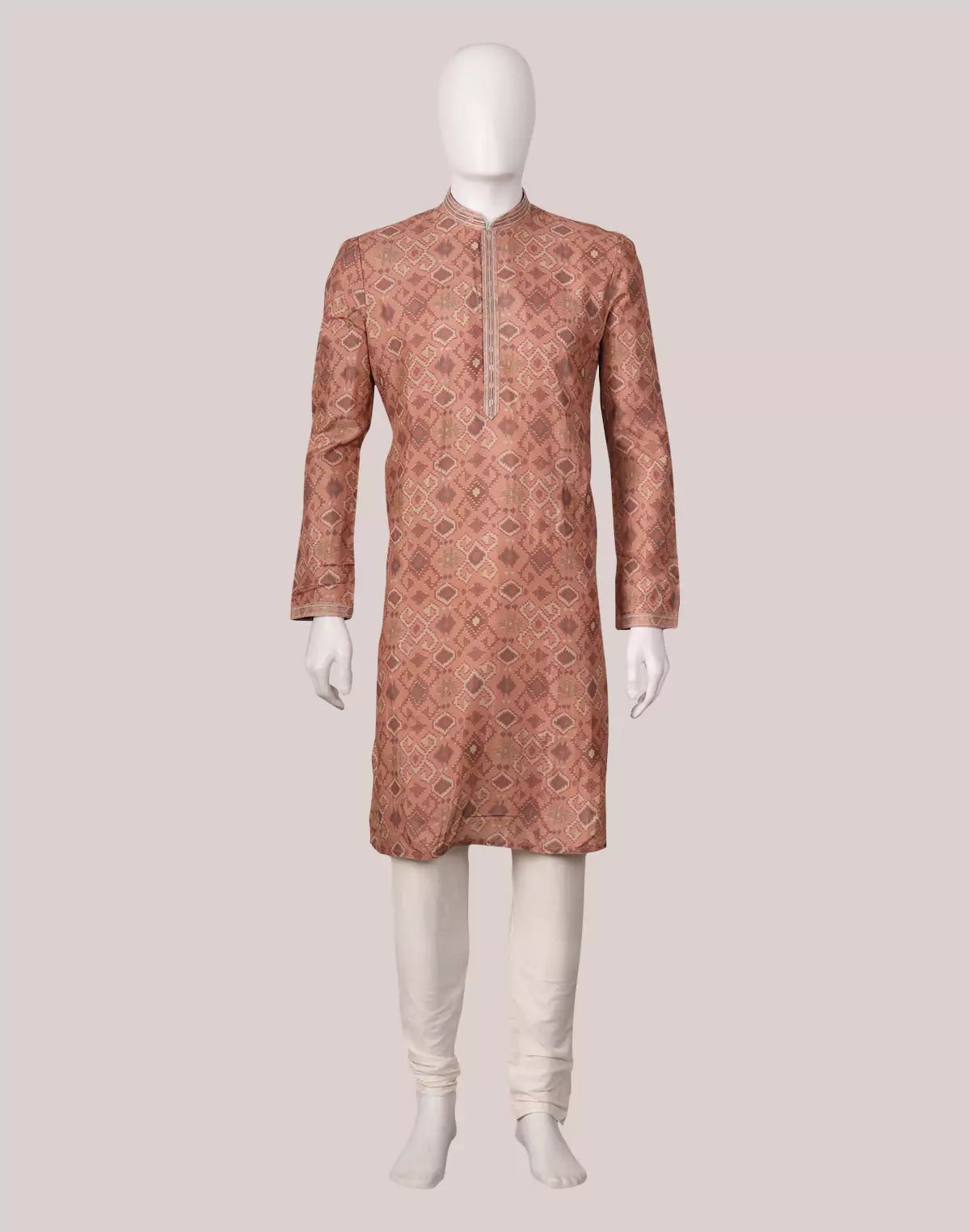 Image of Ikat Print Onion Coloured Milky Silk Kurta Pyjama for Men - South India Shopping Mall