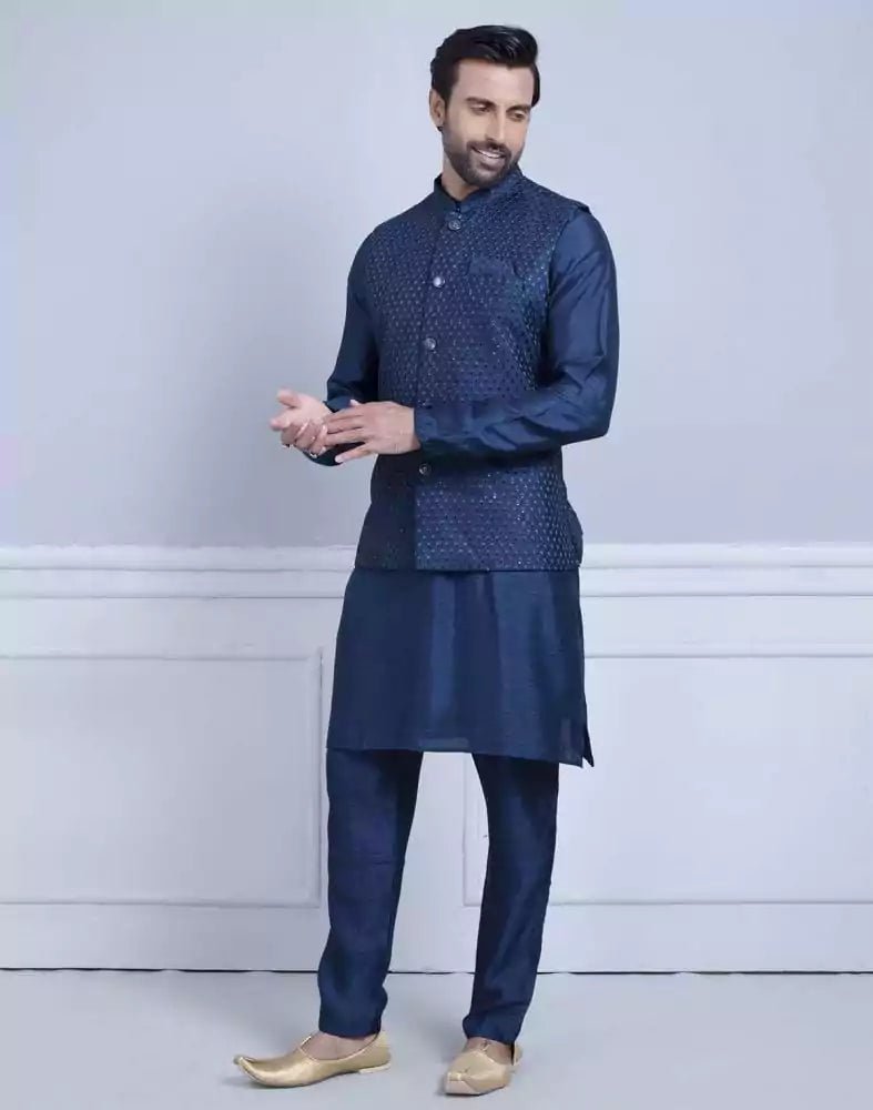 Image of Impressive Blue Coloured Self Highlighted Design Kurta Jacket Set - South India Shopping Mall
