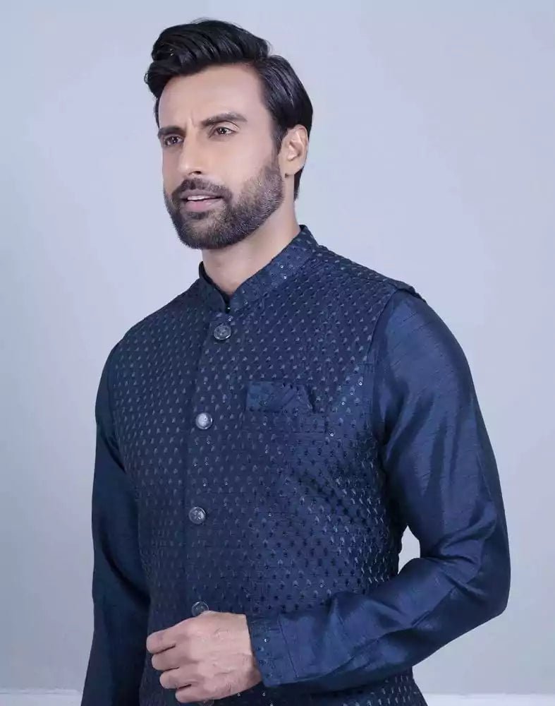 Image of Impressive Blue Coloured Self Highlighted Design Kurta Jacket Set - South India Shopping Mall