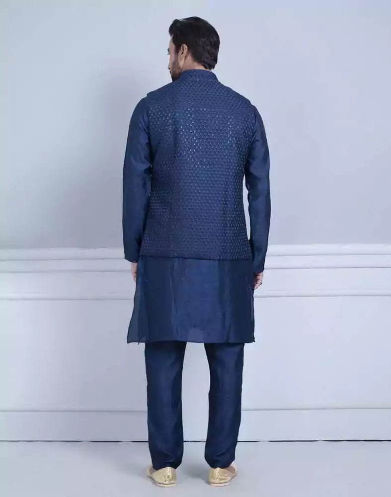 Image of Impressive Blue Coloured Self Highlighted Design Kurta Jacket Set - South India Shopping Mall