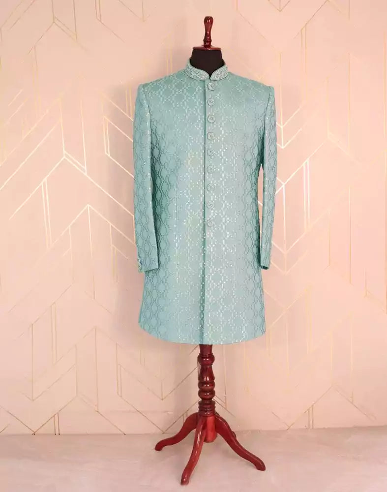 Image of Grandiose Grey Checkered Satin Embellished work Indo-Western Set