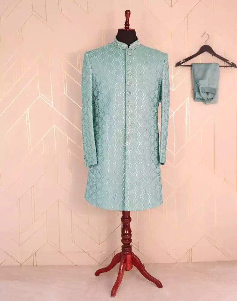 Image of Grandiose Grey Checkered Satin Embellished work Indo-Western Set