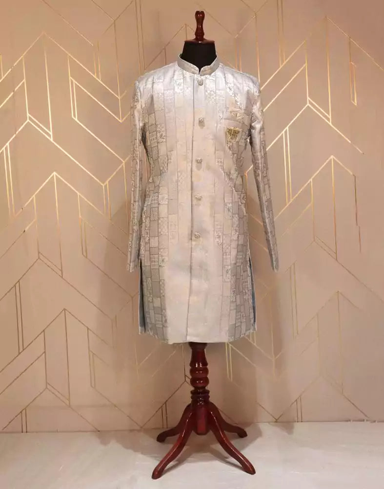 Image of Grey Self Design Weave Jacquard Indo-Western Set