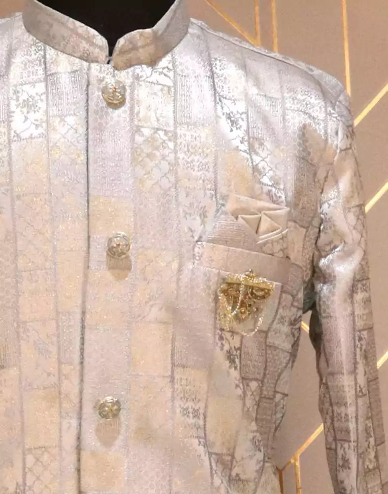 Image of Grey Self Design Weave Jacquard Indo-Western Set