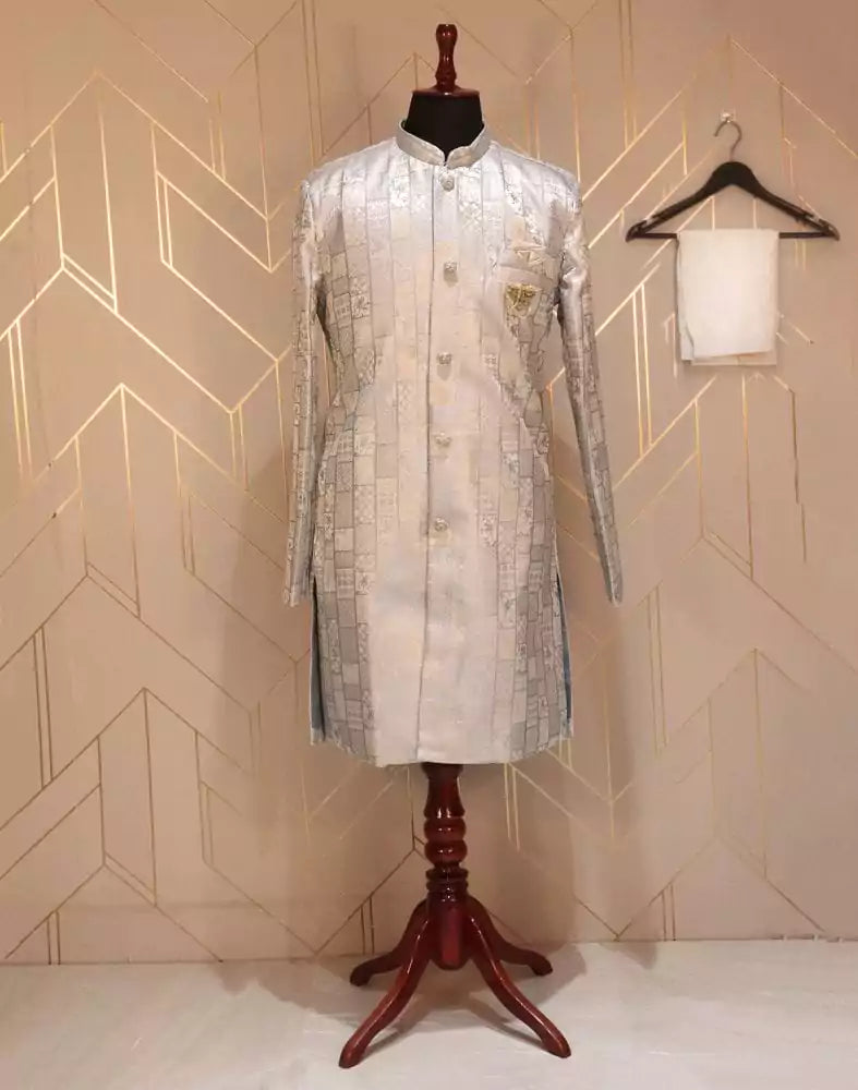 Image of Grey Self Design Weave Jacquard Indo-Western Set