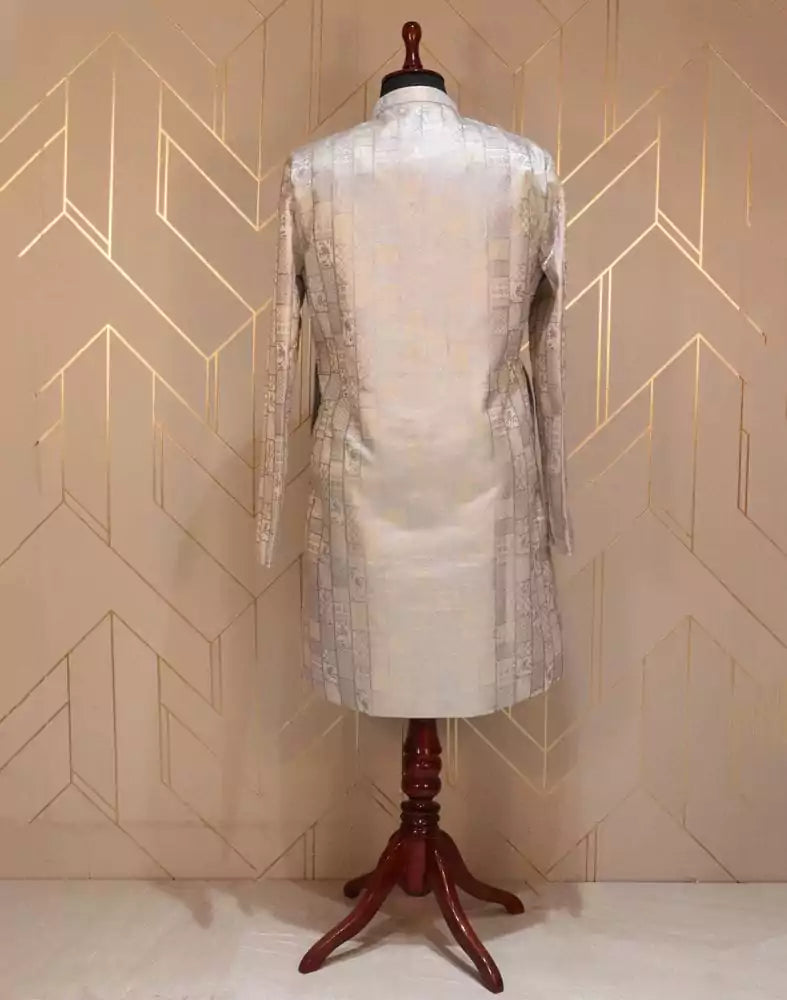 Image of Grey Self Design Weave Jacquard Indo-Western Set