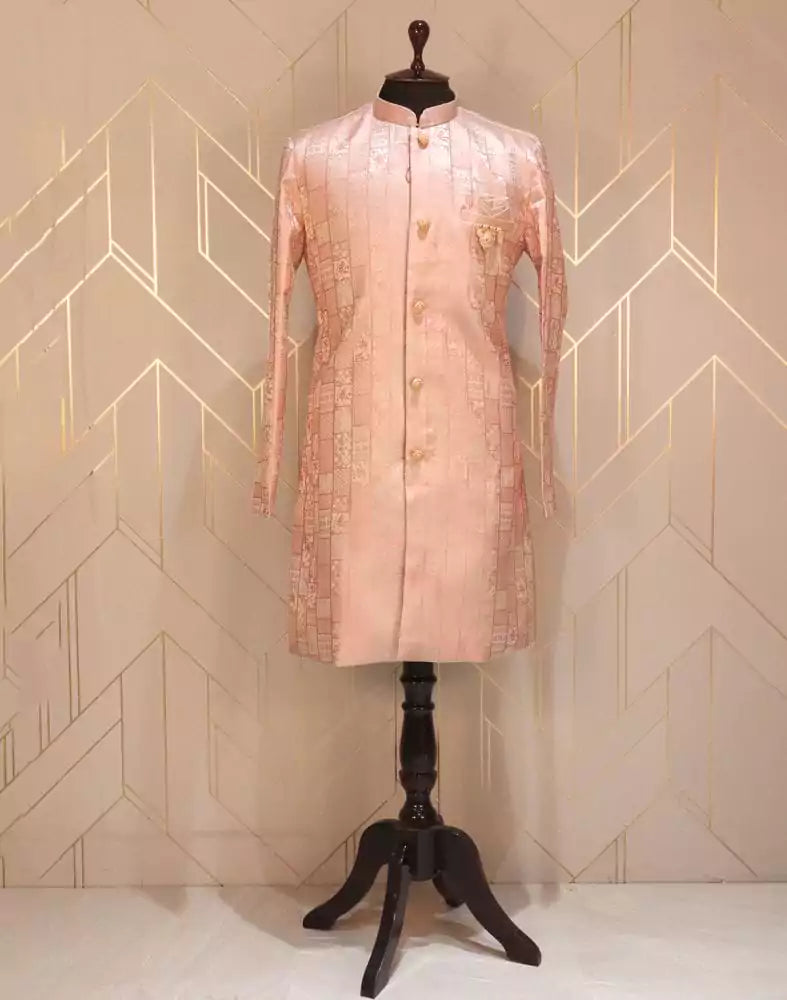 Image of Peach Self Design Weave Jacquard Indo-Western Set