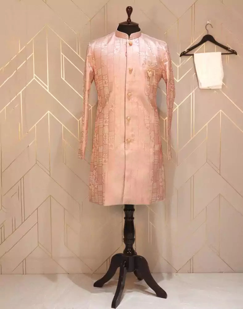 Image of Peach Self Design Weave Jacquard Indo-Western Set