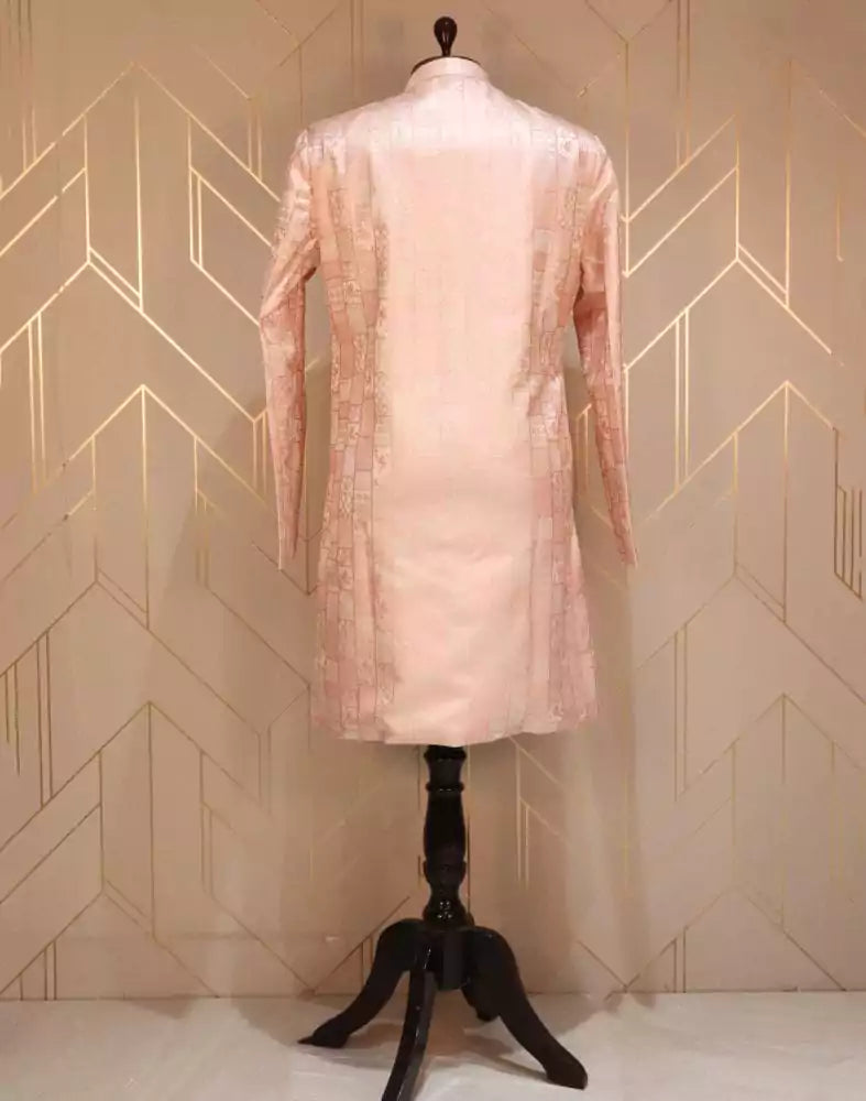 Image of Peach Self Design Weave Jacquard Indo-Western Set