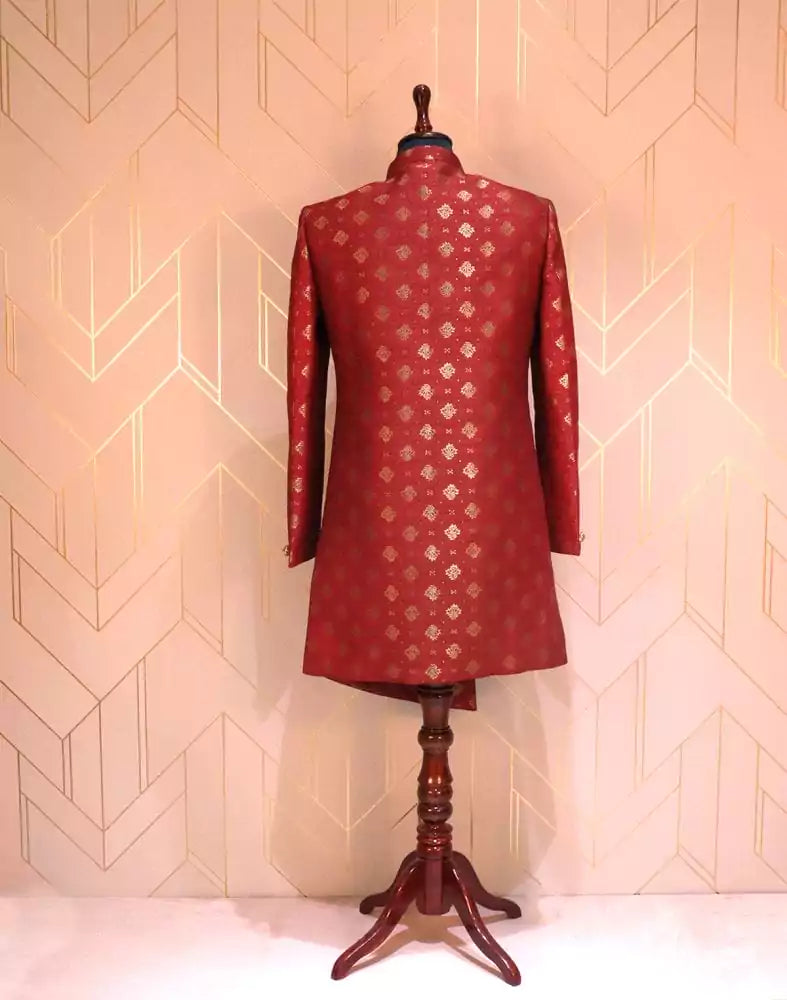 Image of Maroon Jacquard Indo-Western Set