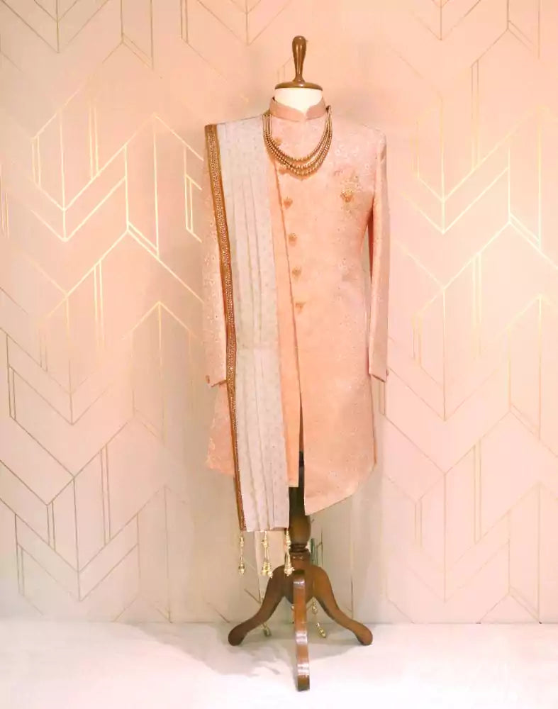 Image of Peach Jacquard Indo-Western Set