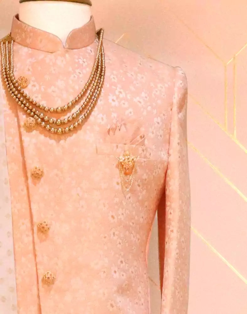 Image of Peach Jacquard Indo-Western Set