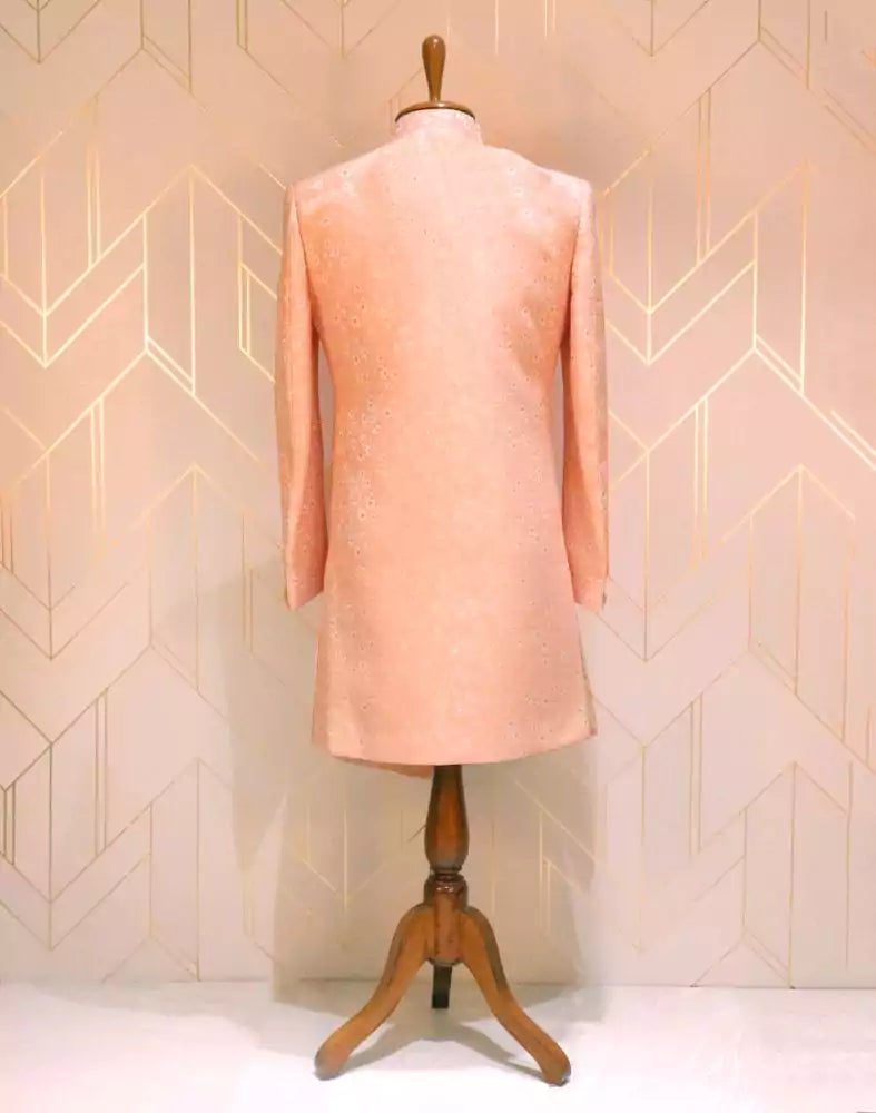 Image of Peach Jacquard Indo-Western Set