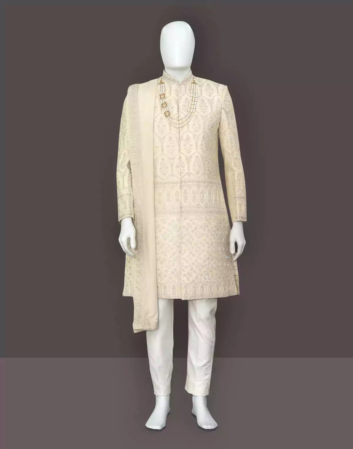 Image of Fashionable Fawn Raw Silk Embroidery work Indo Set with Dupatta