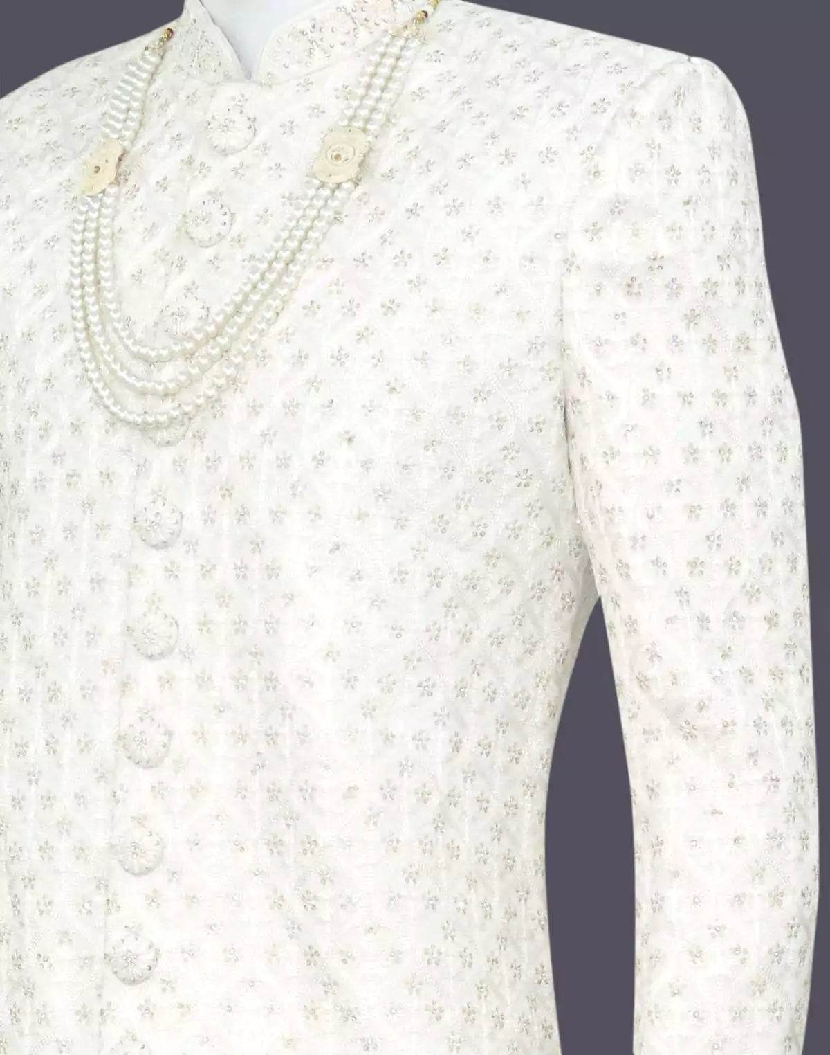 Image of White Self Design Sequins work Milky Silk Indo Western Set