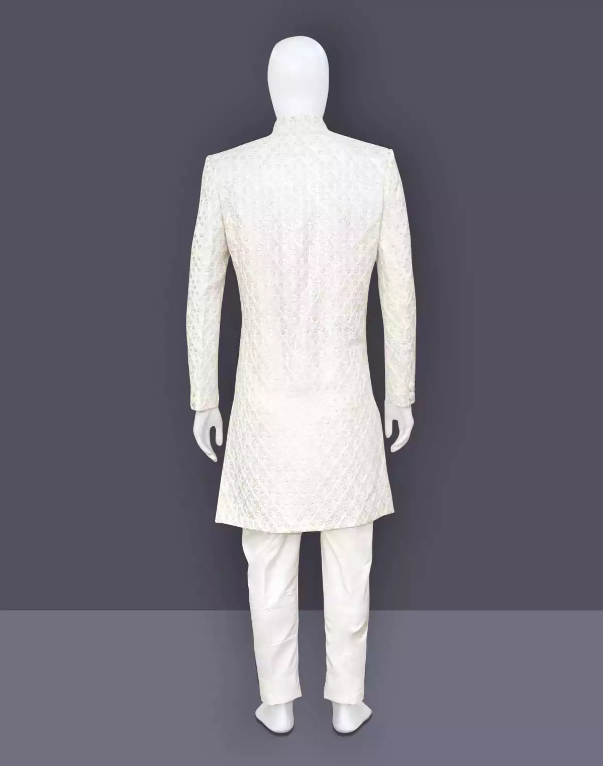 Image of White Self Design Sequins work Milky Silk Indo Western Set