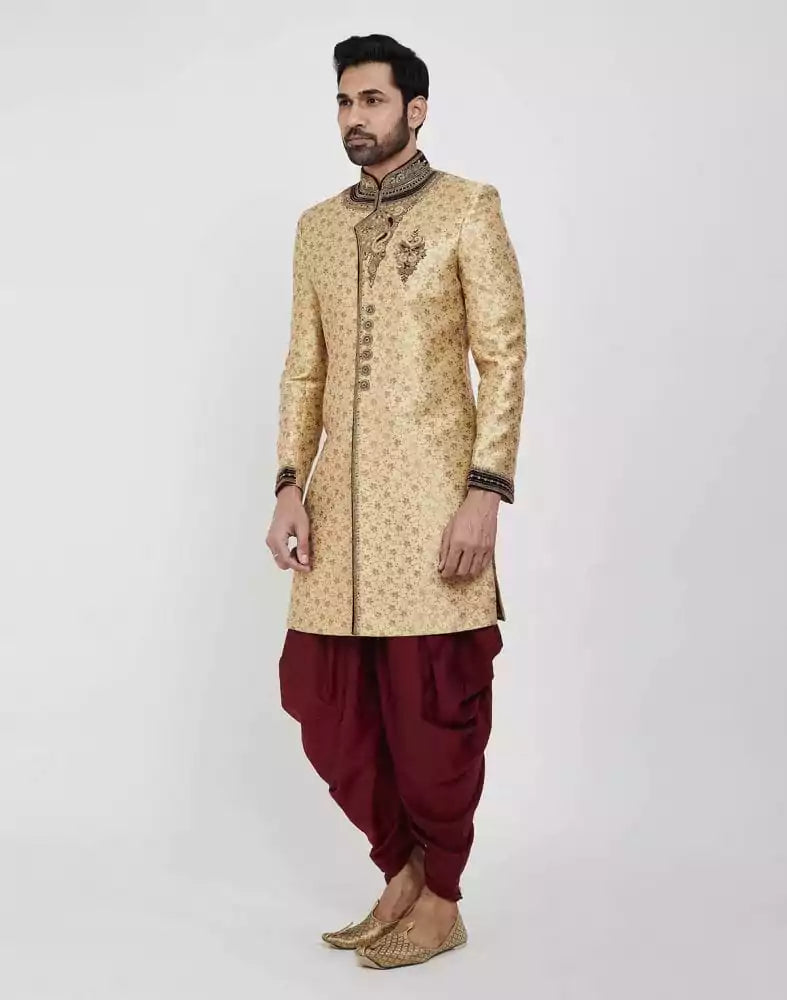 Image of Gold Zardosi Embroidery And Collar Work Wedding Sherwani