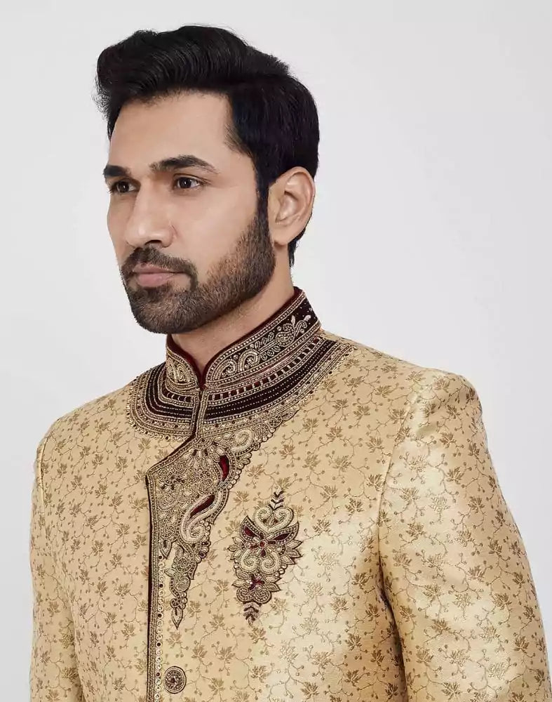 Image of Gold Zardosi Embroidery And Collar Work Wedding Sherwani