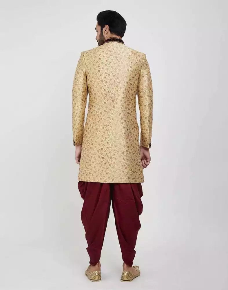 Image of Gold Zardosi Embroidery And Collar Work Wedding Sherwani