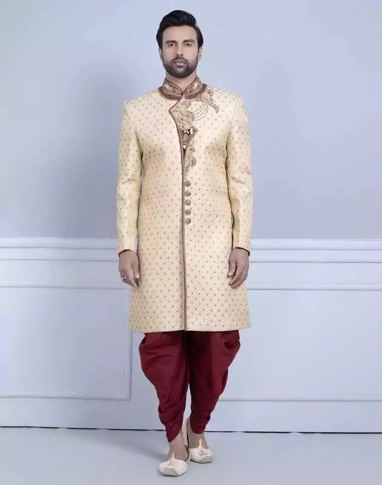 Image of Gold Self Design Zardosi Work Sherwani For Wedding