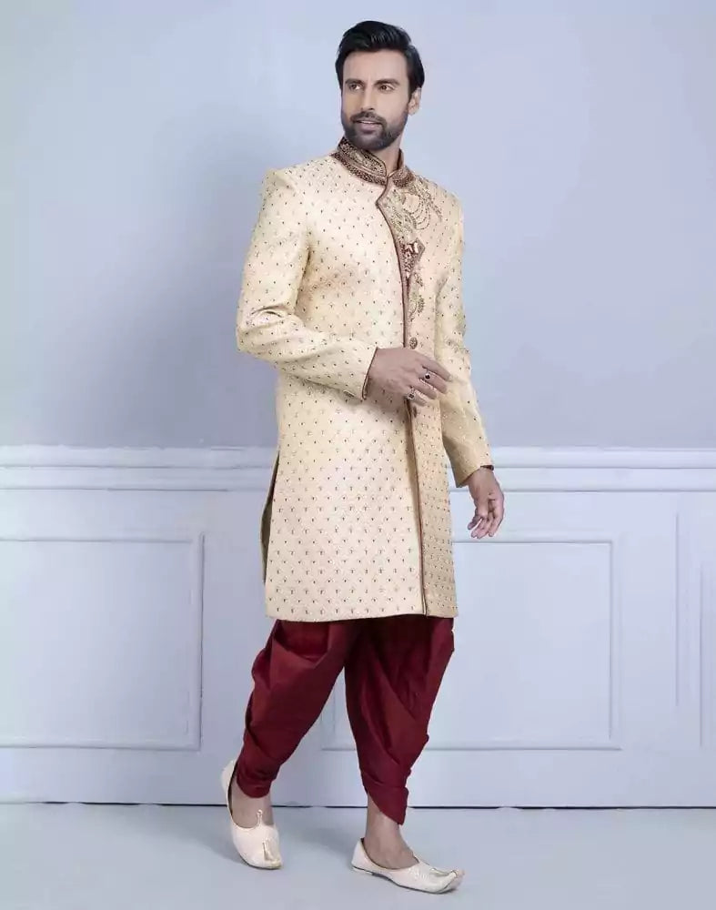 Image of Gold Self Design Zardosi Work Sherwani For Wedding