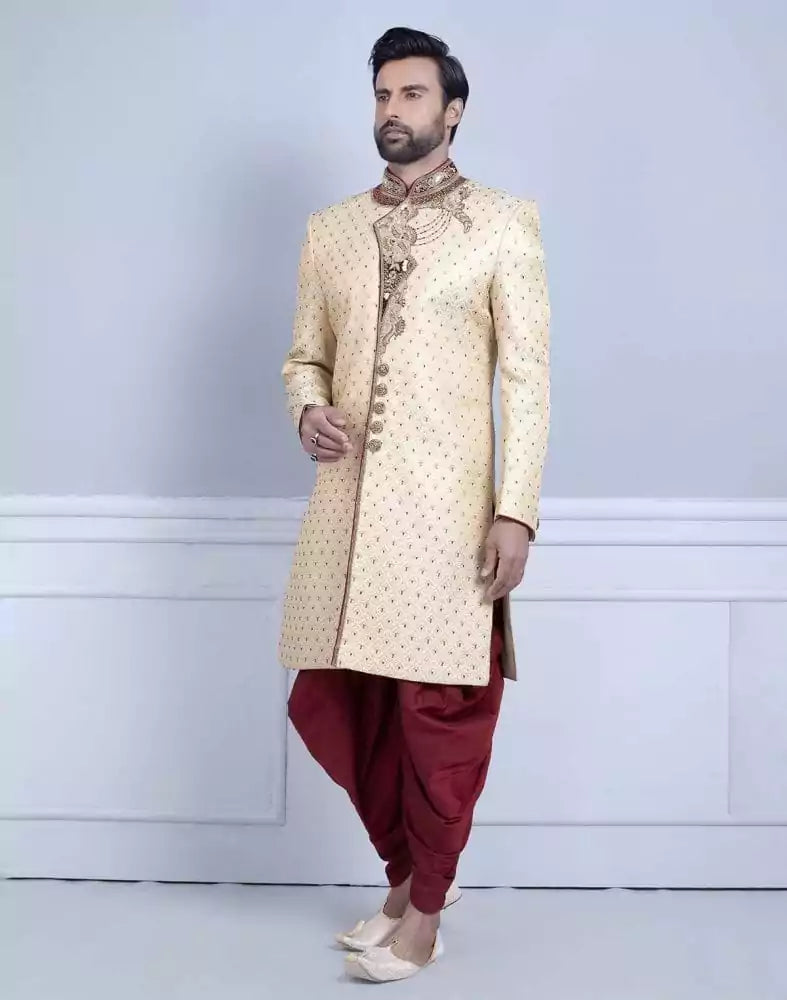 Image of Gold Self Design Zardosi Work Sherwani For Wedding