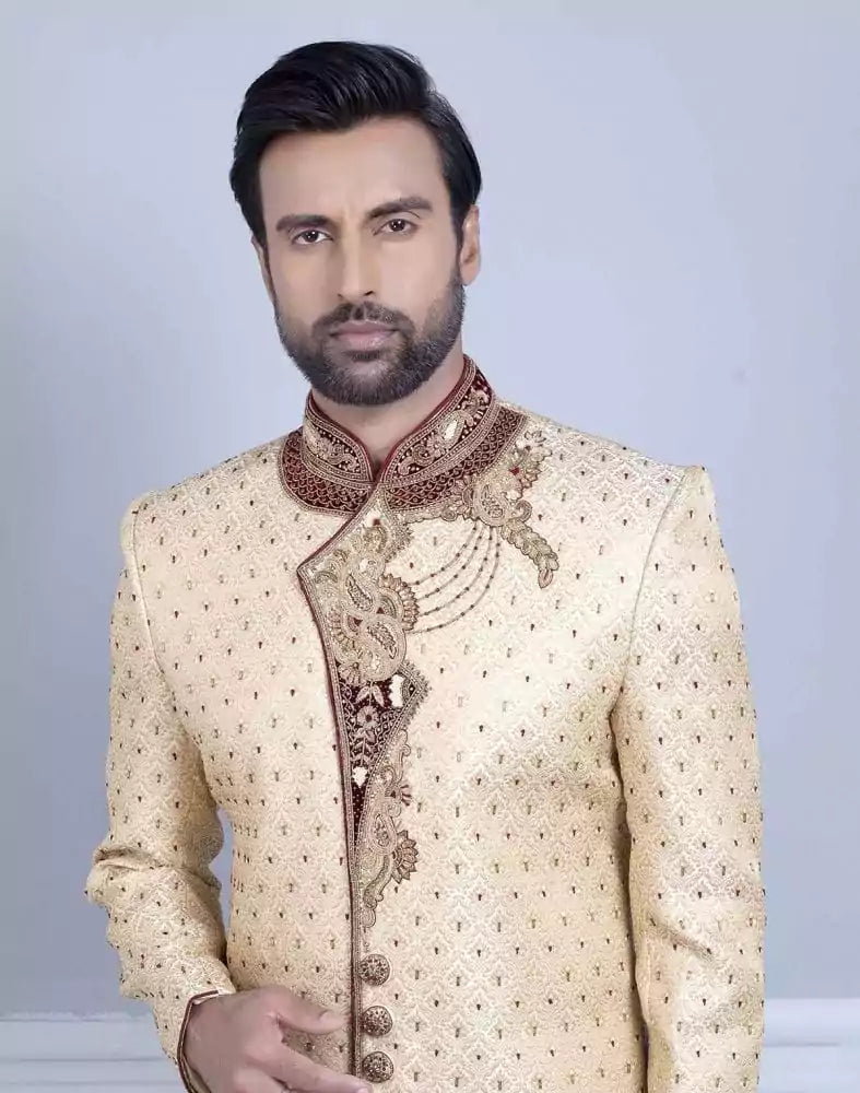 Image of Gold Self Design Zardosi Work Sherwani For Wedding