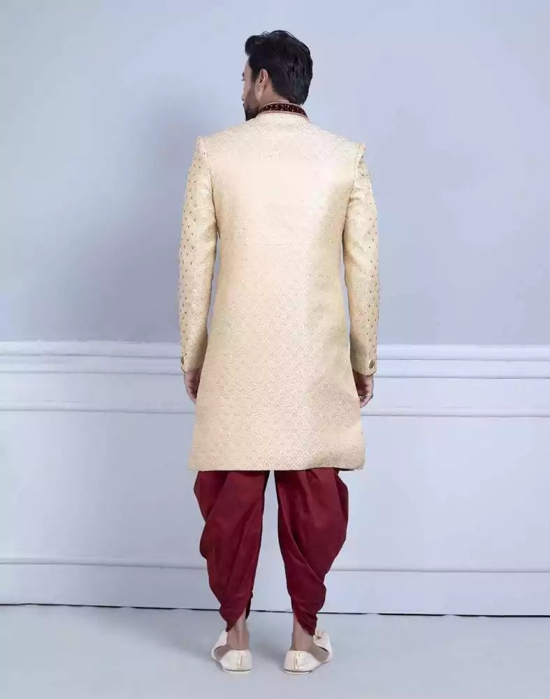 Image of Gold Self Design Zardosi Work Sherwani For Wedding