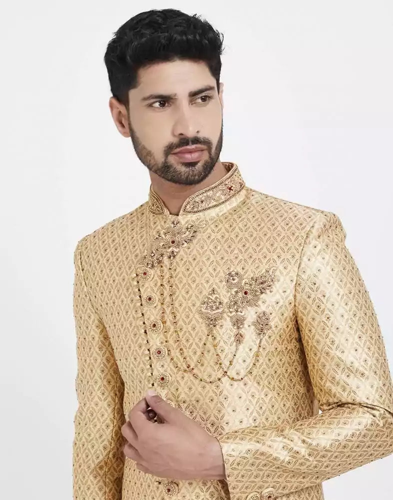 Image of Gold Jacquard Self Design Wedding Sherwani