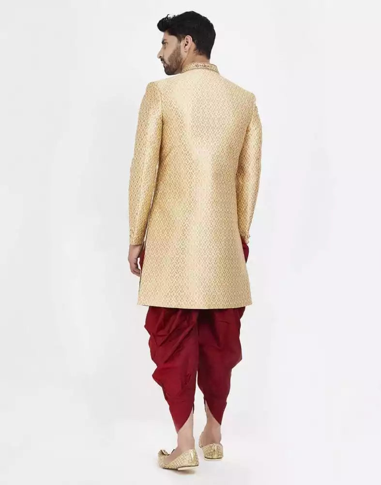 Image of Gold Jacquard Self Design Wedding Sherwani