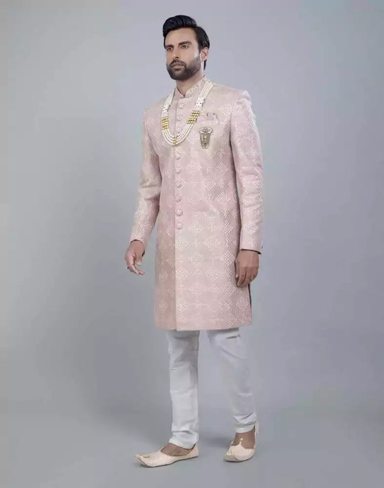 Image of Light Pink Coloured Jacquard With Sequence Work Sherwani Set