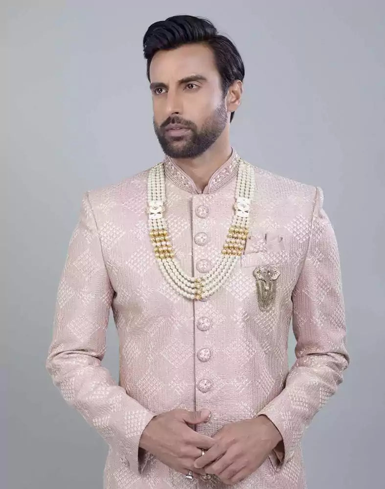Image of Light Pink Coloured Jacquard With Sequence Work Sherwani Set