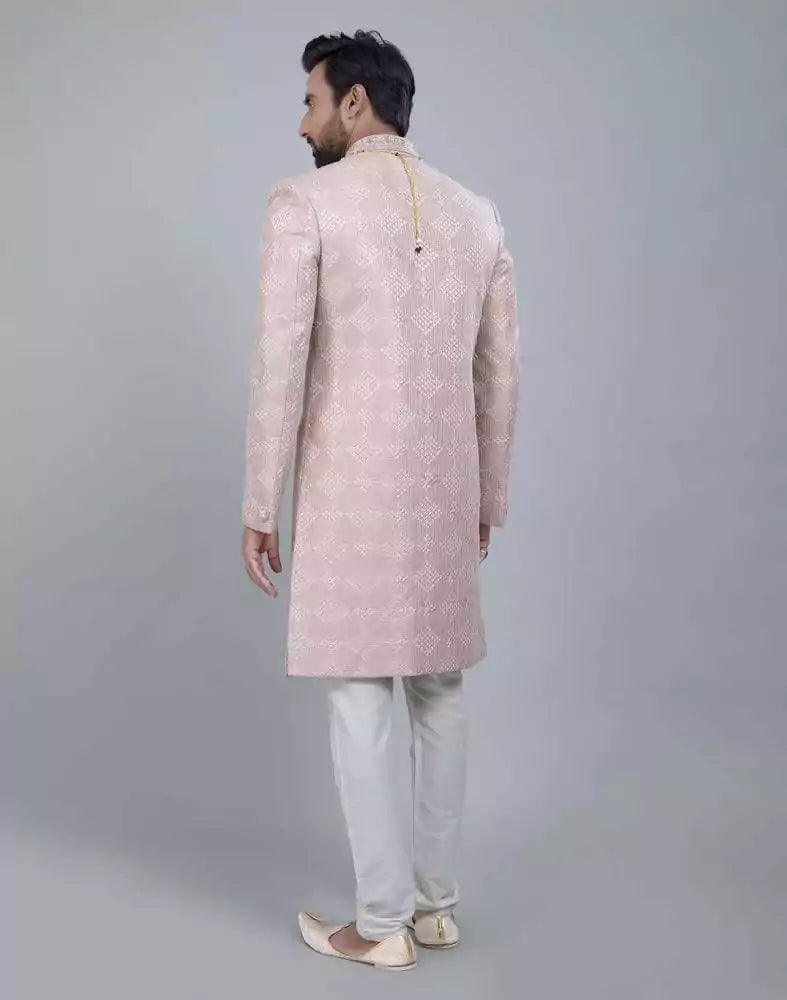 Image of Light Pink Coloured Jacquard With Sequence Work Sherwani Set