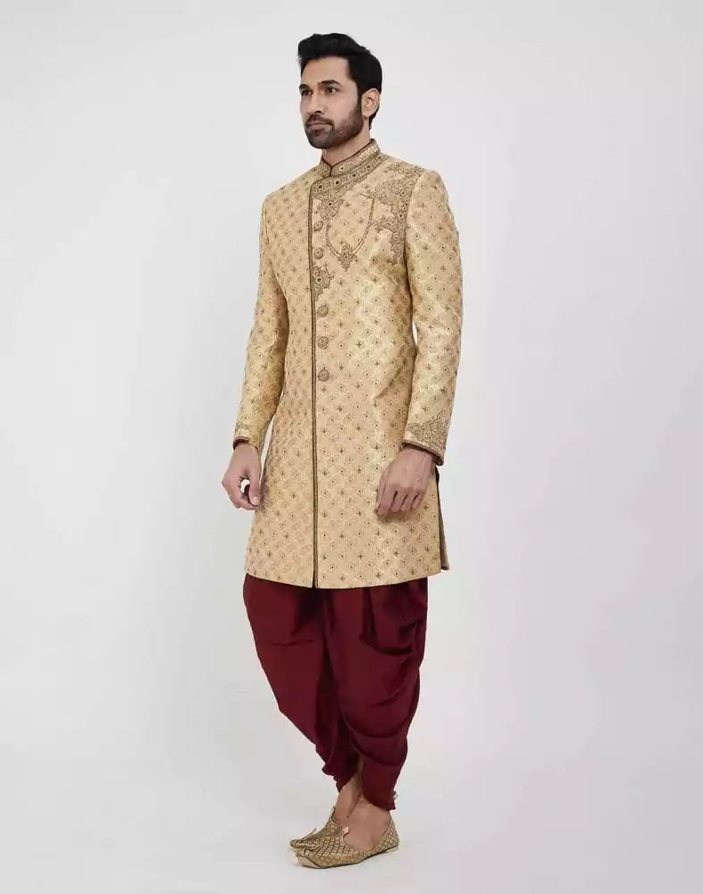 Image of Gold Heavy Embroidery Sherwani With Peshawari Wedding Sherwani