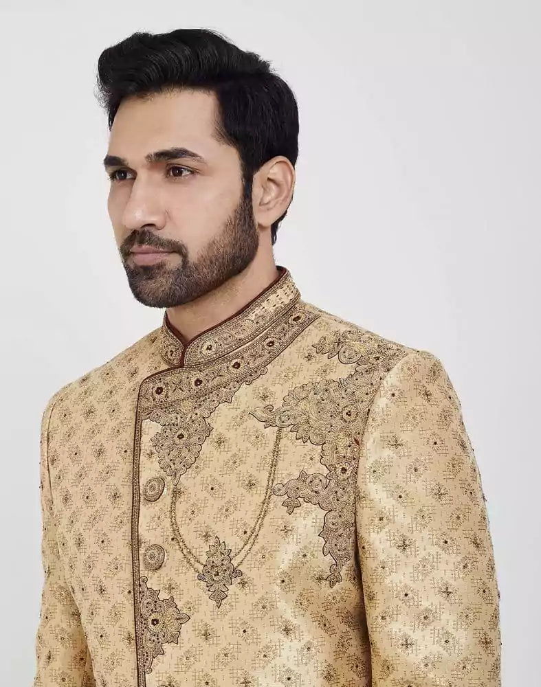Image of Gold Heavy Embroidery Sherwani With Peshawari Wedding Sherwani