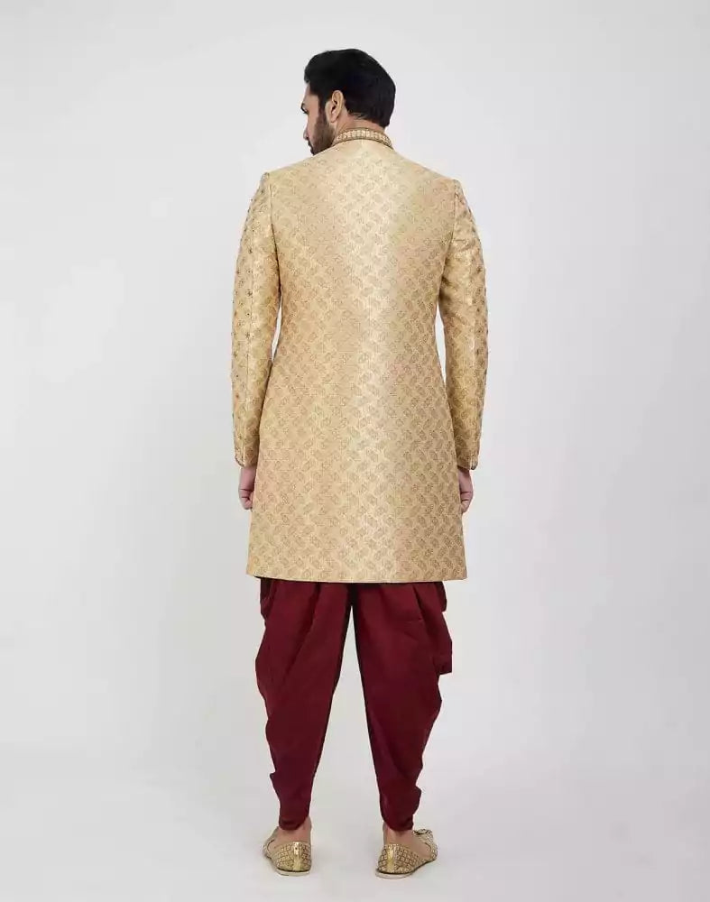 Image of Gold Heavy Embroidery Sherwani With Peshawari Wedding Sherwani