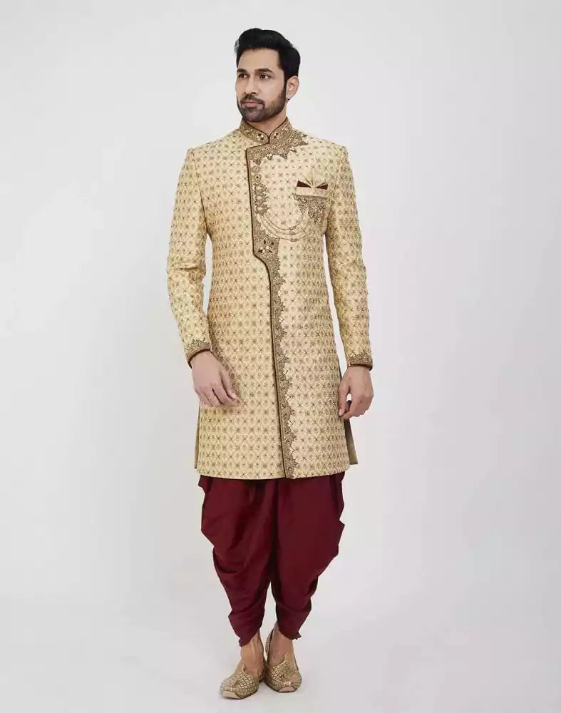 Image of Gold Embroidery Collar Work Style Wedding Sherwani