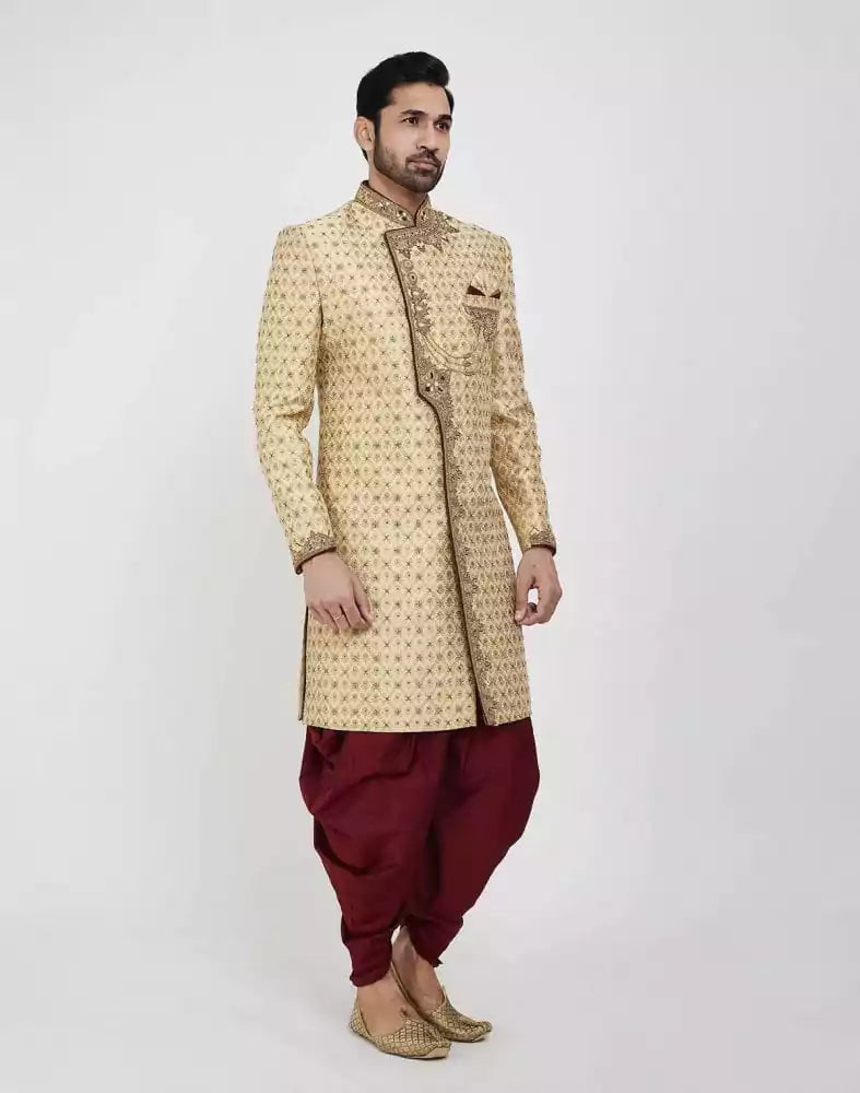 Image of Gold Embroidery Collar Work Style Wedding Sherwani