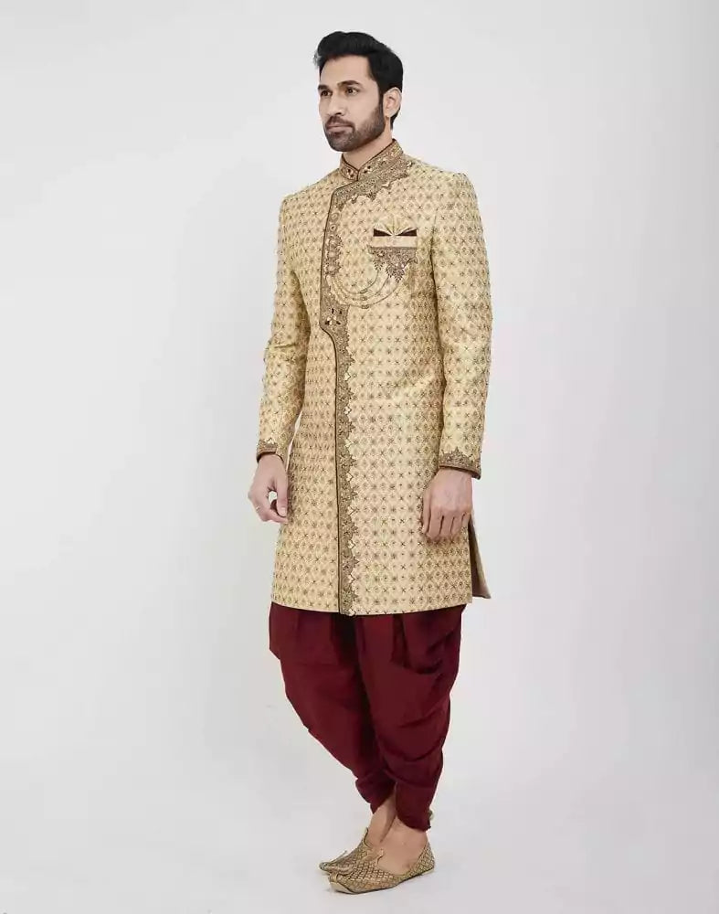 Image of Gold Embroidery Collar Work Style Wedding Sherwani